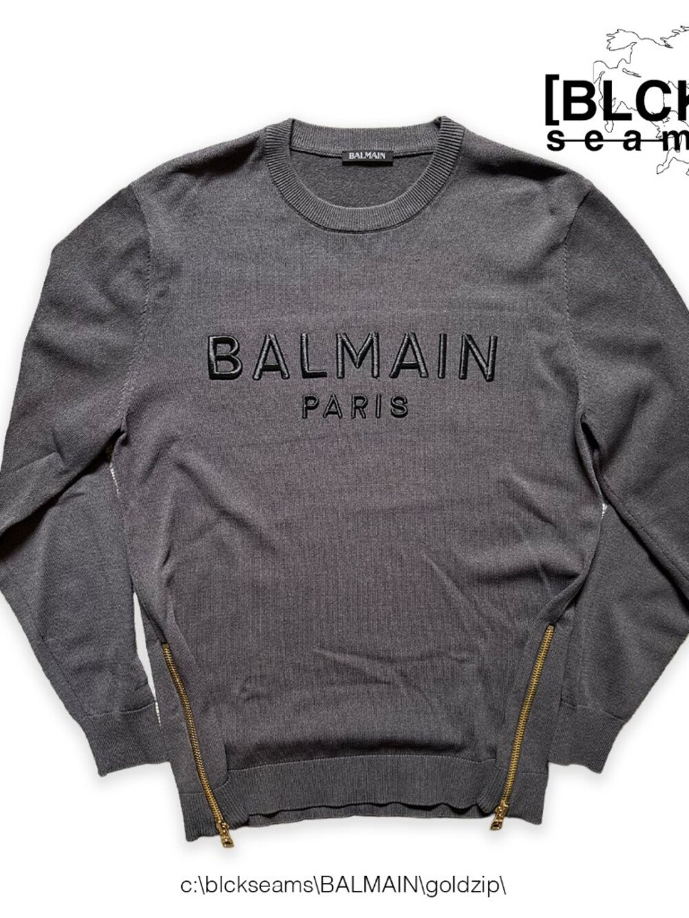 Balmain Flocked Logo Sweater with Gold Side Zips